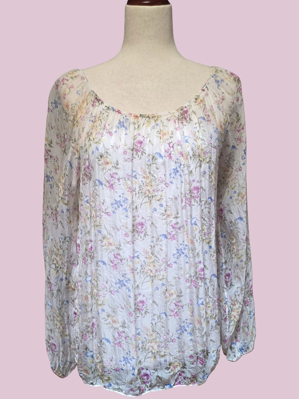 Viola Borghi Italy Silk White Multicolor Floral Long Sleeve Blouse
